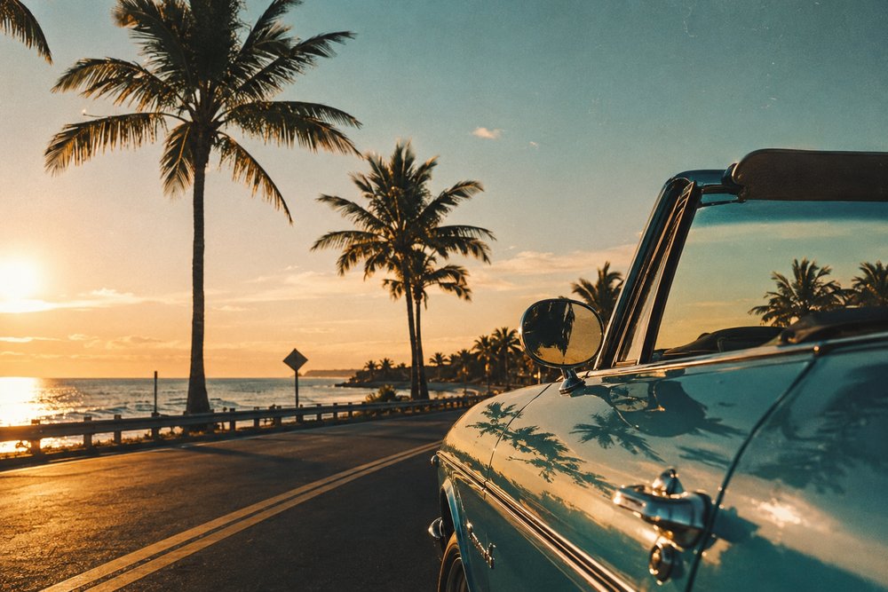 Voiture américaine décapotable vintage au coucher de soleil, bord de mer Florida