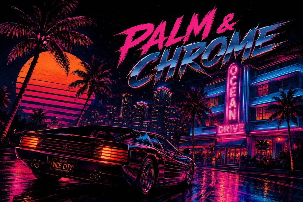 PALM & CHROME — Ferrari sur Ocean Drive, esthétique rétro néon Miami Vice City
