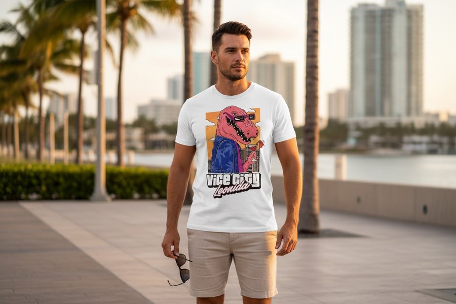 Leonida Sunset Tee — porté à Miami Beach, t-shirt blanc Vice City Leonida