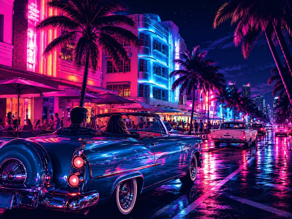 Ocean Drive Miami by night — néons, palmiers et voiture vintage américaine
